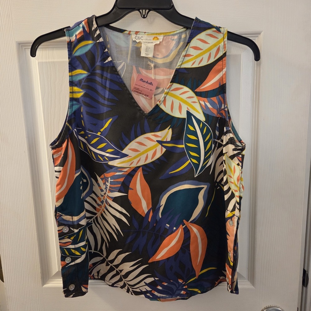 C&C California sz L tropical floral tank blouse NWT 100 lyocell vacation casual